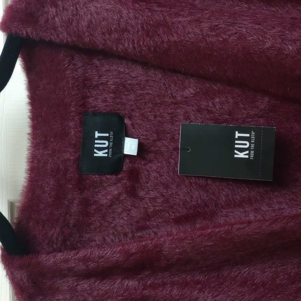🆕 KUT "JANA" WINE BURGUNDY FUZZY OPEN FRONT CARDIGAN SWEATER WITH POCKETS - Picture 5 of 13